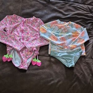 Nicole Miller Pink Strawberry Zip One-Piece with Aqua Floral Rash Guard Set, 2pc